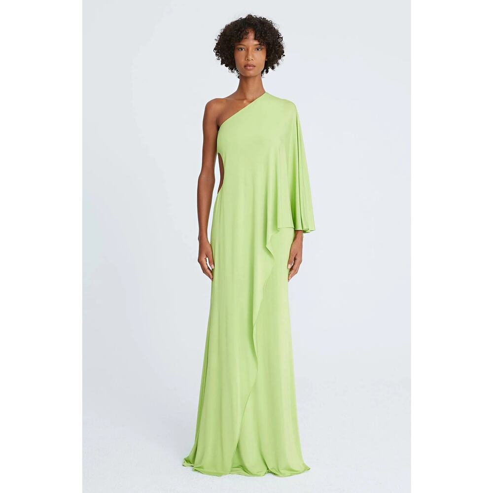 Halston Heritage Neon Green One Shoulder Alyssa Jersey Cascade Maxi Dress Size 6